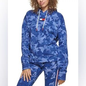 New Tommy Hilfiger Blue Camo Hoodie Cutout Back Sweatshirt Size XL